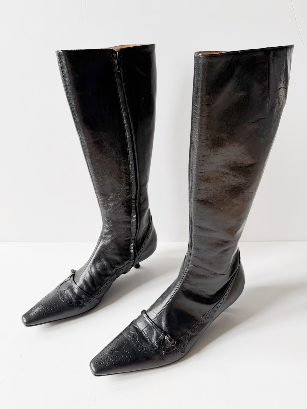 VTG L'Autre Chose Woman Black Leather Point Toe Kitten Heel Knee High Boots EU38